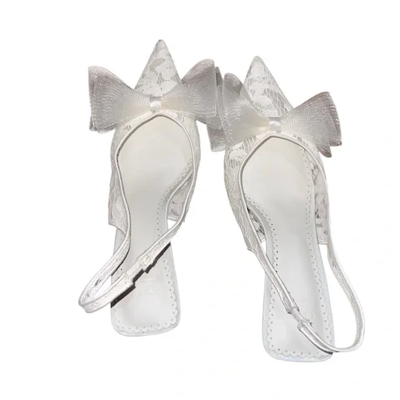 ASOS DESIGN Sunrise Bow Slingback Mid Heel Shoes – Size 11 Ivory Lace - Picture 8 of 16